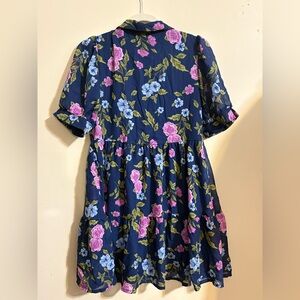 Zac Posen girls' SZ 18 navy blue tiered floral button dress short puff sleeves